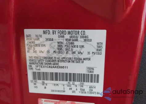 2010 Ford F-150 Fx2 Sport/Stx/Xl/Xlt z USA, uszkodzony, nr VIN 1FTEX1C82AKE69511